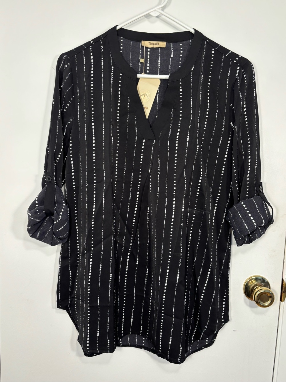 Timeson Black White Dot Stripe Blouse Size M NWT Roll Tab Sleeve
